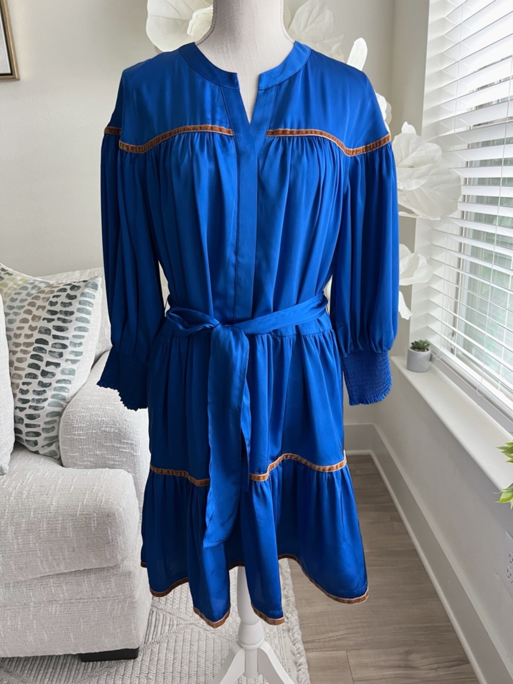 Alden Adair Blue Cobalt Charlotte Long-Sleeve Belted Women's Satin Mini Dress L
